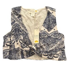 C&C California Blue White Paisley Linen Sleeveless Crop Top New with Tags
